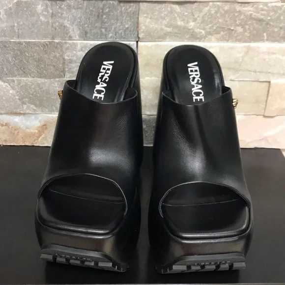 Authentic Versace Leather Platform Wedge Mules - Picture 16 of 17